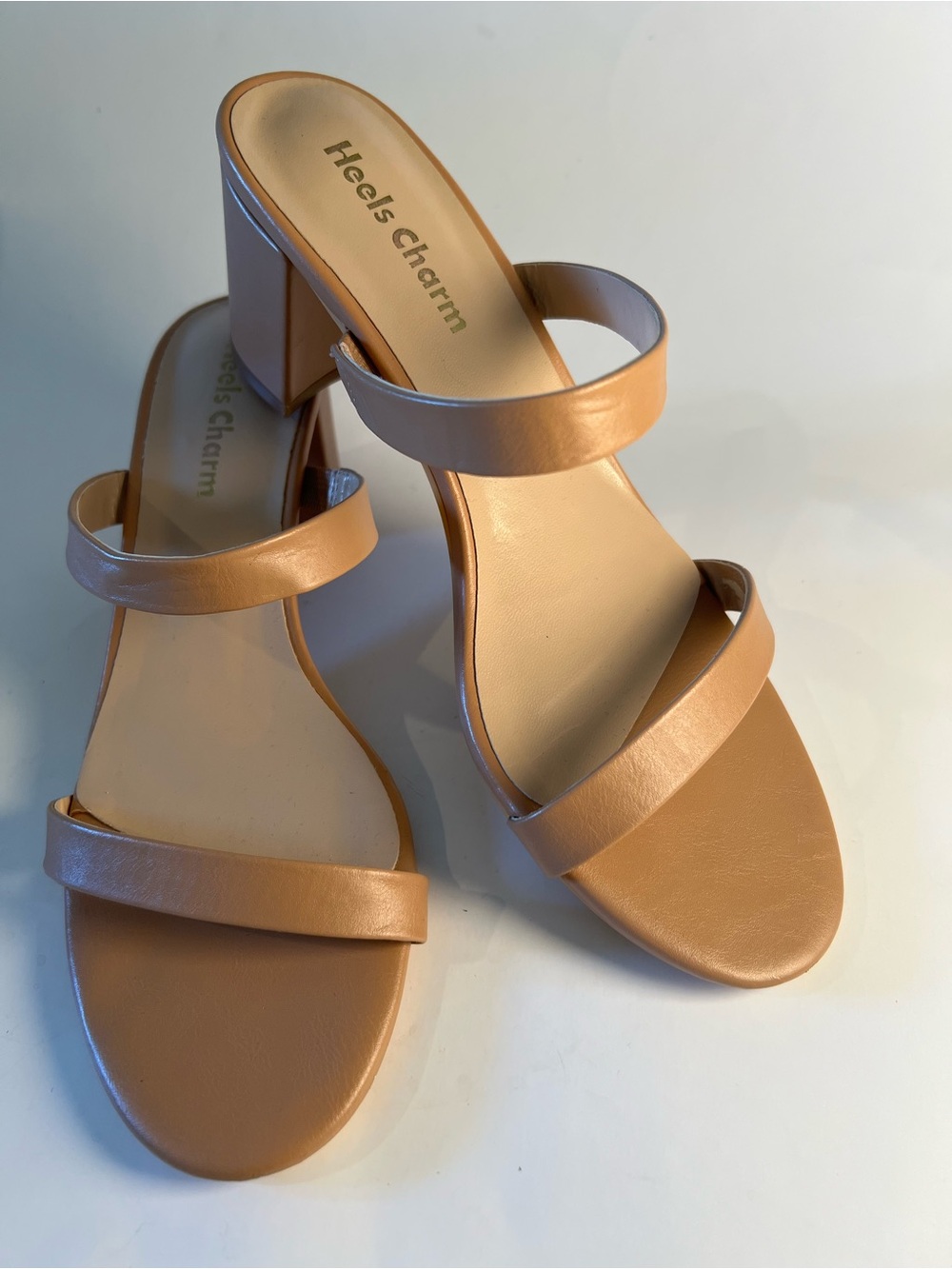 Heels Charm Women’s Beige Strappy Block Heel Open Toe Slip-On Ankle Strap 8.5M